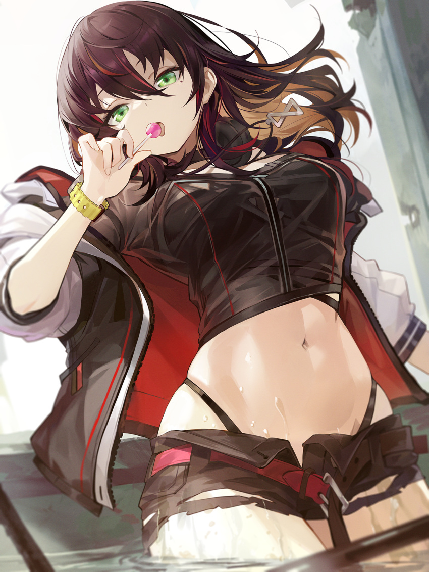1girl black_choker black_shirt black_shorts breasts brown_hair candy choker commentary_request crop_top food goomrrat green_eyes highleg highres holding holding_candy holding_food holding_lollipop jacket licking lollipop long_hair medium_breasts micro_shorts midriff mole mole_under_eye navel off_shoulder open_clothes open_fly open_jacket open_mouth original shirt shorts skindentation solo standing stomach thighs tongue tongue_out torn_clothes torn_shorts wading water wet