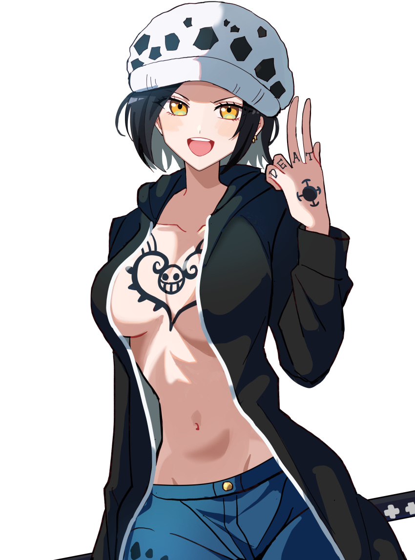 1girl :d absurdres black_hair blue_pants breast_tattoo breasts breasts_apart chest_tattoo coat collarbone contrapposto cowboy_shot denim dot_nose earrings finger_tattoo fur_hat genderswap genderswap_(mtf) groin hand_tattoo hand_up hat highres holding holding_sword holding_weapon hood hooded_coat jaguar_print jeans jewelry long_sleeves medium_breasts navel no_undershirt one_piece open_clothes open_coat open_mouth panther_print pants short_hair simple_background smile solo sori_6403 standing sword tattoo teeth tongue trafalgar_law upper_teeth_only w weapon white_background yellow_eyes