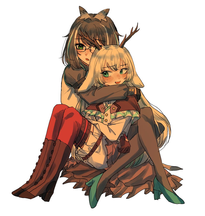 2girls absurdres amaotome animal_ears antlers black-framed_eyewear black_gloves black_pantyhose blue_eyes blue_footwear blue_hair blush boots brown_footwear capelet deer_ears deer_girl dress frilled_capelet frilled_dress frills full_body glasses gloves grey_hair grey_wings head_wings high_heels highres hug juliet_sleeves long_hair long_sleeves medium_bangs multicolored_hair multiple_girls nanashi_inc. open_mouth oura_rukako oura_rukako_(1st_costume) pantyhose puffy_sleeves red_thighhighs short_hair simple_background sitting streaked_hair thighhighs tsukinoki_tirol white_background white_dress white_hair wings