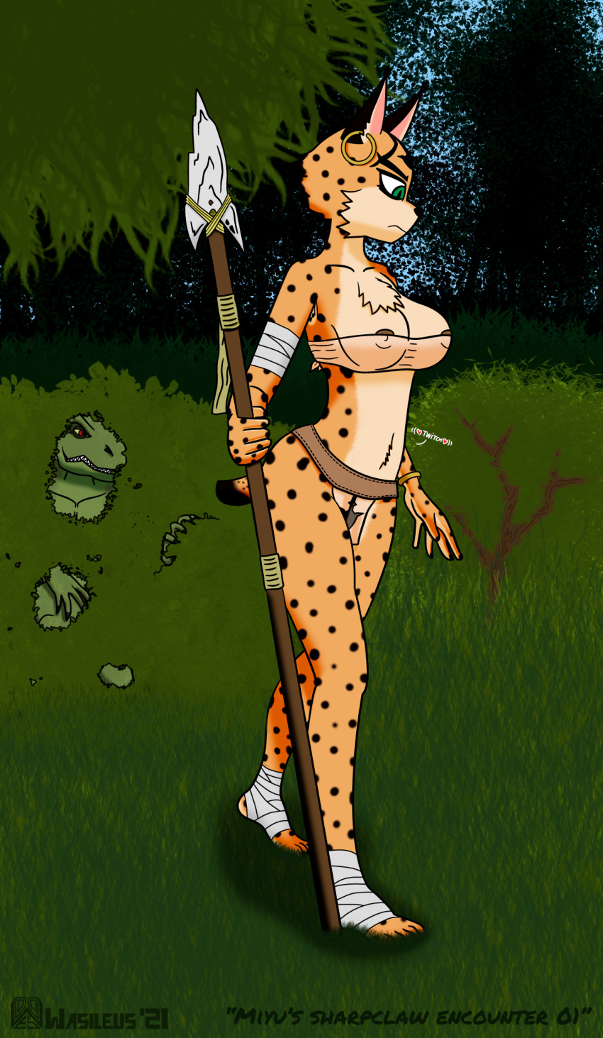 anthro bottomwear clothing felid feline female hi_res jungle loincloth lynx mammal melee_weapon miyu_lynx nintendo polearm saurian_(disambiguation) scalie sharpclaw solo spear spying stalking star_fox star_fox_2 star_fox_adventures tribal video_games wasileus weapon