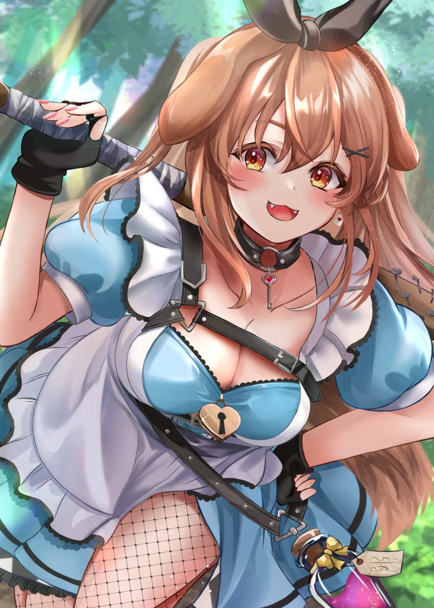 1girl :3 :d animal_ears apron baseball_bat black_choker black_gloves black_hairband blue_dress blush breasts brown_eyes brown_hair choker cleavage dog_ears dog_girl dress drink_me_potion fingerless_gloves fishnet_pantyhose fishnets gloves hair_ornament hairband hand_on_own_hip highres holding holding_baseball_bat hololive inugami_korone inugami_korone_(6th_costume) large_breasts long_hair looking_at_viewer mikazuki_cocolo o-ring o-ring_choker official_alternate_costume open_mouth pantyhose playing_card_earrings smile solo virtual_youtuber white_apron x_hair_ornament