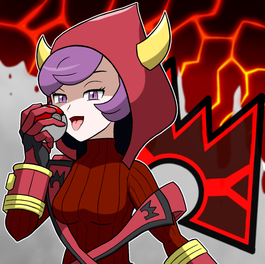 1girl breasts courtney_(pokemon) cowlick dress fake_horns gloves half-closed_eyes highres holding holding_poke_ball hood hooded_vest hoodie horned_headwear horned_hood horns long_sleeves medium_breasts poke_ball poke_ball_(basic) pokemon pokemon_oras purple_eyes purple_hair red_dress red_gloves ribbed_dress shaded_face short_dress solo swept_bangs team_magma team_magma_uniform tongue tongue_out turtleneck_dress vest ya_mari_mo_3