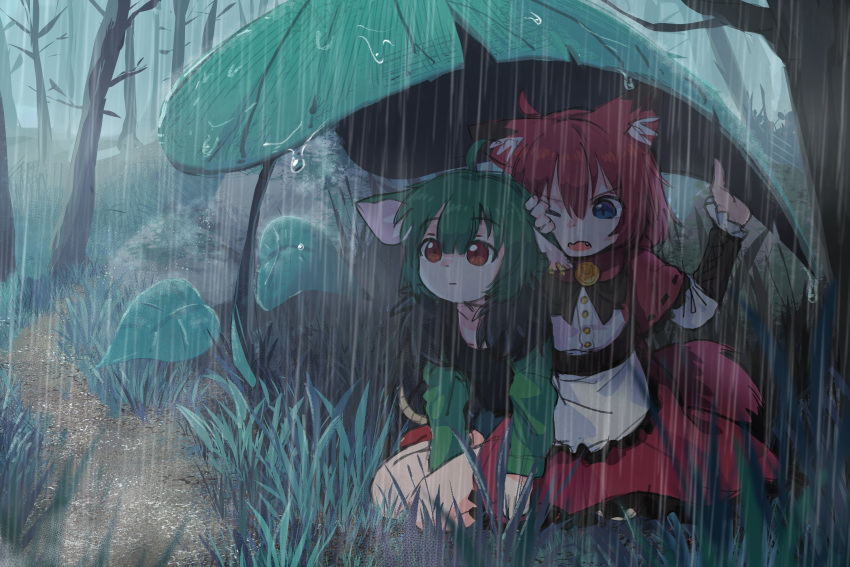 2girls ahoge animal_ear_fluff animal_ears bare_tree blue_eyes character_request closed_mouth commentary commission copyright_request english_commentary forest grass green_hair highres jean_bomjan kneeling leaf_umbrella long_sleeves multiple_girls nature on_grass one_eye_closed open_mouth outdoors rain red_eyes red_hair short_hair taking_shelter tree