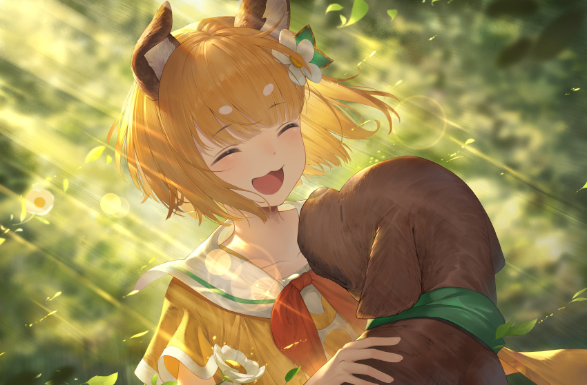 1girl absurdres animal_ears blunt_bangs blush cg_(2686805355) closed_eyes dappled_sunlight dog dog_ears dog_girl erune flower garjana granblue_fantasy hair_flower hair_ornament highres leaf nature open_mouth portrait short_hair smile solo sunlight vajra_(granblue_fantasy) wind