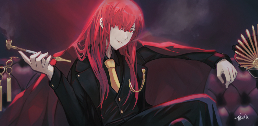 1girl cape chain couch family_crest fate/grand_order fate_(series) formal hand_on_chair hat highres holding holding_smoking_pipe long_hair long_sleeves looking_at_viewer military_hat necktie oda_nobunaga_(fate) oda_nobunaga_(maou_avenger)_(fate) oda_uri on_couch parted_lips red_cape red_eyes red_hair sitting smoke smoking smoking_pipe solo sp;p suit taku_(takuqx) yellow_necktie