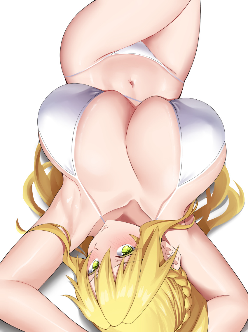1girl ahoge arind_yudha armpits arms_up artoria_pendragon_(fate) artoria_pendragon_(swimsuit_ruler)_(fate) bare_shoulders bikini blonde_hair blush braid breasts cleavage fate/grand_order fate_(series) french_braid green_eyes hair_between_eyes highres large_breasts long_hair looking_at_viewer lying navel on_back ponytail sidelocks solo swimsuit thighs white_bikini