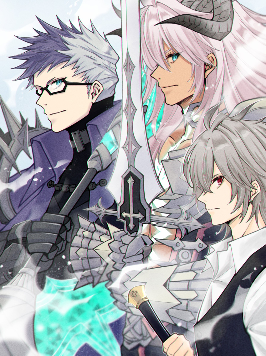 3boys absurdres blue_eyes fate/grand_order fate_(series) gauntlets genmai_(crowcrowclown) glasses grey_hair highres holding holding_sword holding_weapon horns male_focus multicolored_hair multiple_boys red_eyes sieg_(fate) siegfried_(fate) sigurd_(fate) sword two-tone_hair weapon
