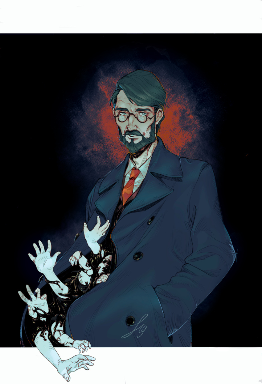 1boy alice:_madness_returns american_mcgee's_alice angus_bumby beard coat collared_shirt dark_background disembodied_limb facial_hair glasses grey_coat grey_eyes grey_hair hand_in_pocket highres horror_(theme) ligeyah liquid looking_at_viewer male_focus mustache necktie puppet red_necktie shirt short_hair signature smirk upper_body