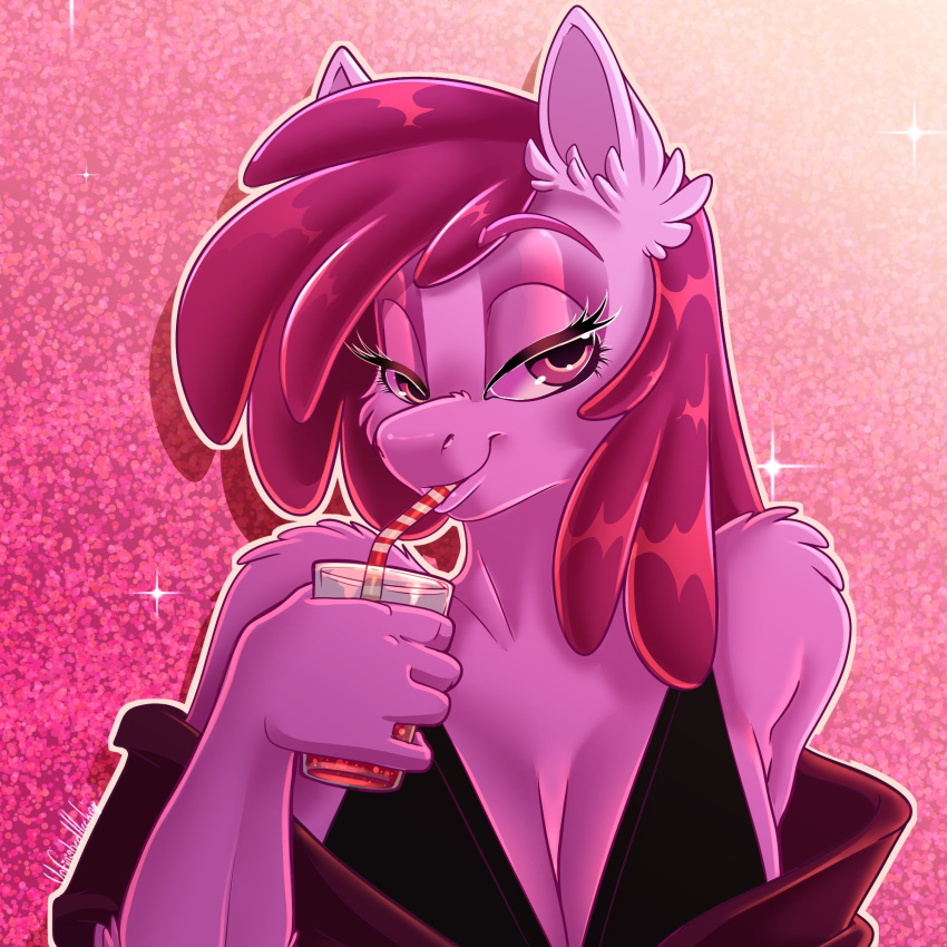1:1 anthro anthrofied bedroom_eyes berry_punch_(mlp) breasts cleavage clothed clothing dress drinking earth_pony equid equine friendship_is_magic fur glass_tumbler hair hasbro hi_res horse mammal my_little_pony narrowed_eyes pink_body pink_eyes pink_fur pink_hair pony seductive straw unfinishedheckery