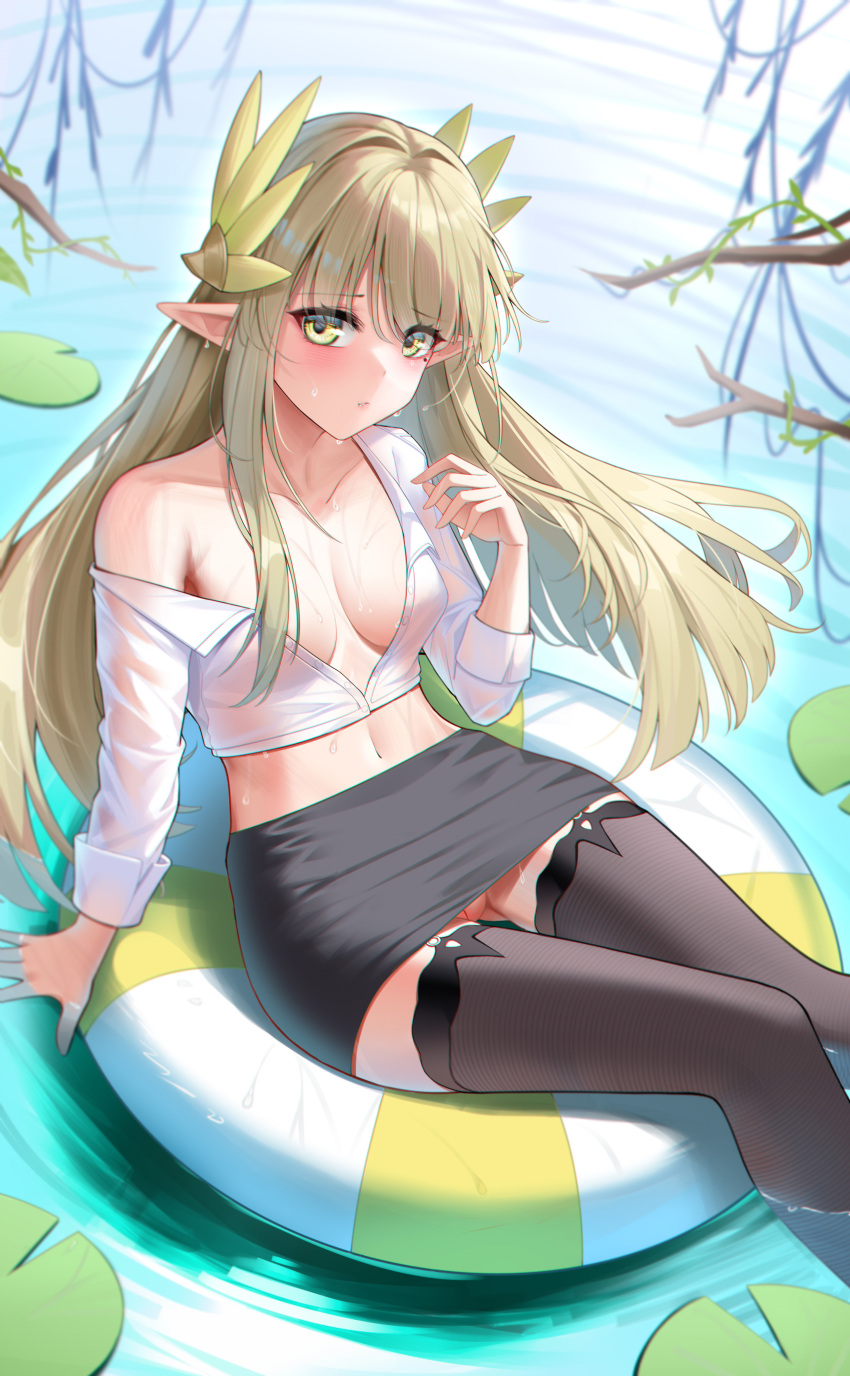 1girl absurdres arknights black_thighhighs blonde_hair blush breasts cropped_shirt hand_up highres innertube laurels lily_pad long_hair looking_at_viewer medium_breasts midriff muelsyse_(arknights) navel no_bra no_panties open_clothes open_shirt pointy_ears pussy pussy_peek shirt sitting solo thighhighs very_long_hair wet white_shirt wuren yellow_eyes