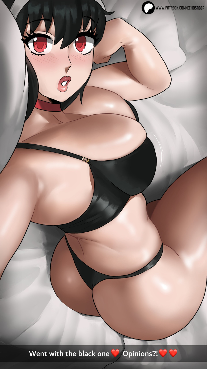 1girl absurdres ass bed black_bra black_hair black_panties bra commentary cowboy_shot echo_saber english_commentary english_text highres indoors nail_polish on_bed paid_reward_available panties parted_lips patreon_logo patreon_username pink_lips pov red_eyes selfie sidelocks snapchat spy_x_family thick_thighs thighs twisted_torso underwear yor_briar