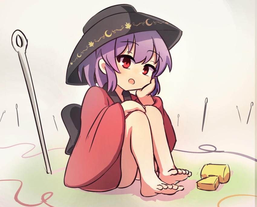 1girl bare_legs barefoot black_bow black_sash bow bowl bowl_hat feet ferdy's_lab hat head_rest highres japanese_clothes kimono long_sleeves looking_at_viewer mallet mini_person minigirl needle obi open_mouth purple_hair red_eyes red_kimono sash short_hair sitting soles solo string sukuna_shinmyoumaru thread touhou wide_sleeves