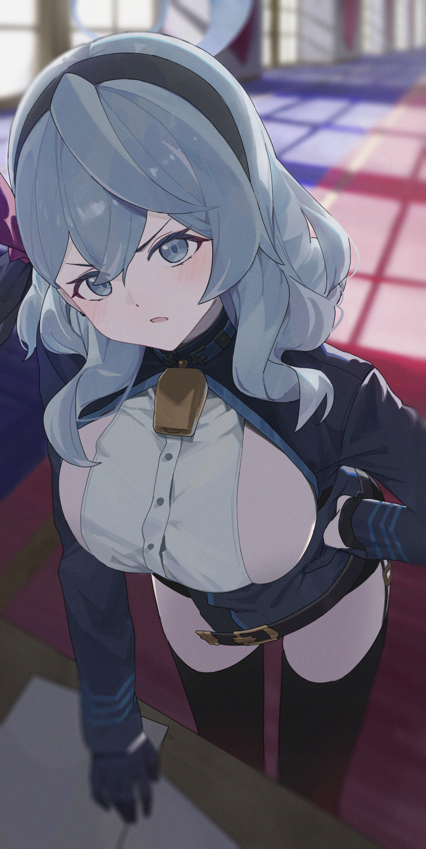 1girl absurdres ako_(blue_archive) belt black_belt black_gloves black_hairband black_jacket black_thighhighs blue_archive blue_eyes blue_hair blue_halo blurry blurry_background blush breasts buttons dunggeul_dunggeul gloves hair_between_eyes hairband halo highres indoors jacket large_breasts long_hair long_sleeves looking_at_viewer open_mouth shirt sideboob solo thighhighs white_shirt