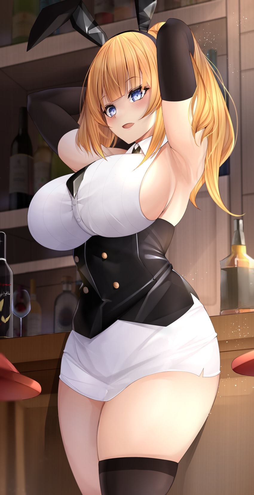 1girl absurdres animal_ears armpits arms_up astoria_(azur_lane) astoria_(black_bunny_carnival)_(azur_lane) azur_lane bangs black_gloves black_hairband black_legwear black_neckwear blonde_hair blue_eyes blunt_bangs blush bottle breasts bunny_ears cowboy_shot cup drinking_glass elbow_gloves eyebrows_visible_through_hair fake_animal_ears g3_(g310b3) gloves hairband hand_in_hair highres indoors large_breasts long_hair miniskirt necktie open_mouth ponytail single_thighhigh skirt smile solo thighhighs thighs white_skirt wine_bottle wine_glass