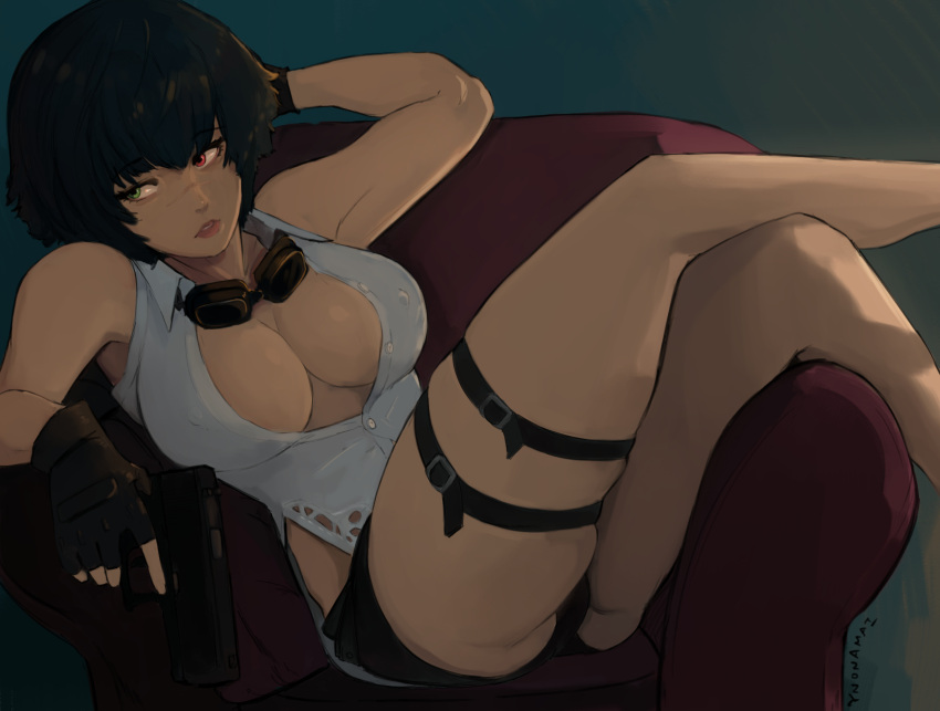 1girl arm_behind_head armchair averting_eyes black_gloves black_hair black_shorts breasts chair covered_nipples crossed_legs devil_may_cry_(series) devil_may_cry_3 feet_out_of_frame fingerless_gloves gloves goggles goggles_around_neck green_eyes gun handgun heterochromia highres holding holding_gun holding_weapon lady_(devil_may_cry) large_breasts no_bra reclining red_eyes scar scar_on_face scar_on_nose shirt short_hair short_shorts shorts skindentation sleeveless sleeveless_shirt solo thigh_strap trigger_discipline unbuttoned unbuttoned_shirt weapon weapon_request ynonamai