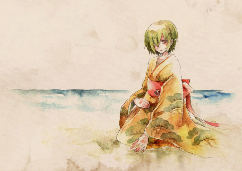 1girl beach bow clover four-leaf_clover hair_over_one_eye highres japanese_clothes kimono kurage_nanami lala_(watashi_no_koko) official_art orange_kimono outdoors painting_(medium) red_bow red_eyes sand short_hair sitting smile solo traditional_media vignetting watashi_no_koko water watercolor_(medium)