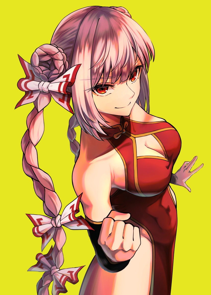 1girl absurdres armpits bow breasts china_dress chinese_clothes clenched_hand dress equality_taira fujiwara_no_mokou hair_bow highres long_hair looking_at_viewer multiple_hair_bows red_dress red_eyes sleeveless sleeveless_dress smile solo thighs touhou very_long_hair white_hair yellow_background