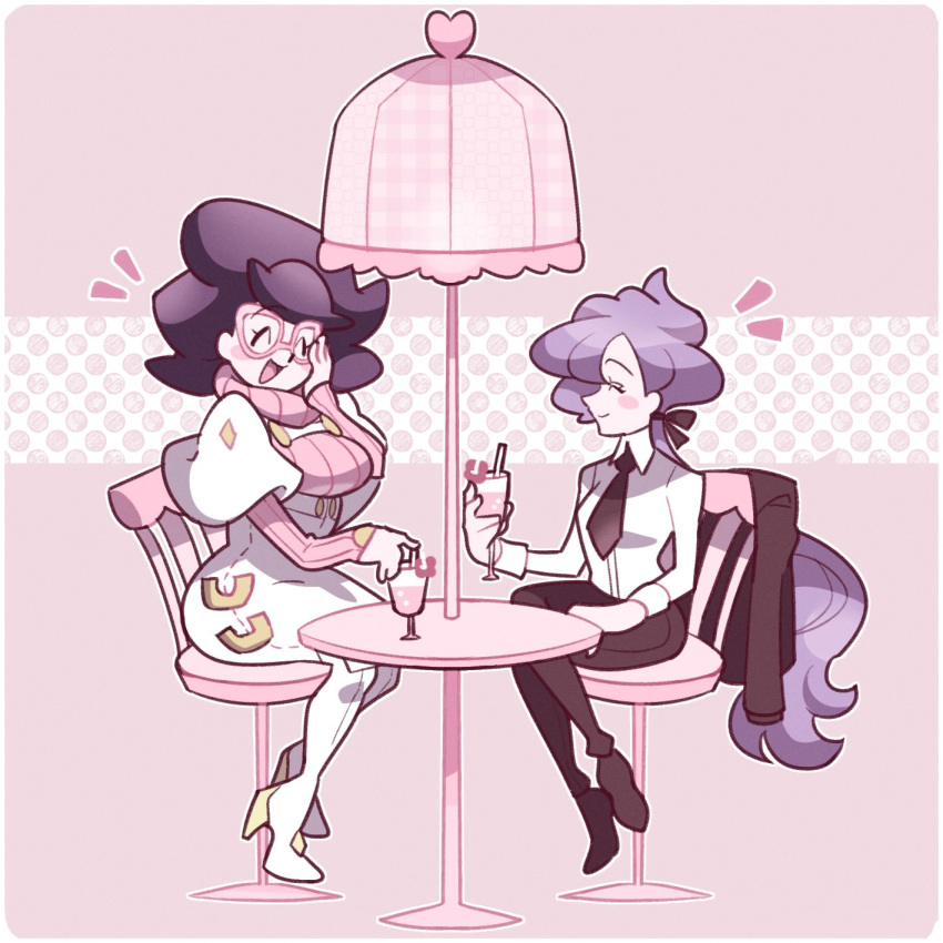 2girls \||/ anabel_(pokemon) big_hair black_footwear black_necktie black_pants blush blush_stickers breasts capelet chair closed_eyes collared_shirt cup dotted_background drink eyelashes facing_another from_side glasses gloves hair_ribbon hand_on_own_face heart highres holding holding_cup jacket large_breasts long_hair long_sleeves loveycloud multiple_girls necktie open_mouth outline pants pink-framed_eyewear pink_background pink_sweater pink_umbrella pokemon pokemon_sm purple_hair ribbed_sweater ribbon shirt shoes simple_background small_breasts smile sweater table turtleneck turtleneck_sweater umbrella unworn_jacket white_background white_footwear white_outline white_shirt wicke_(pokemon)