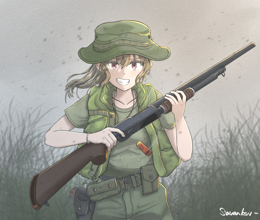 1girl ammunition_pouch artist_name boonie_hat brown_eyes brown_hair collarbone dog_tags grass green_headwear green_shirt green_vest gun handgun highres holster long_hair looking_at_viewer m1911 military military_uniform open_clothes open_mouth open_vest original outdoors pouch savankov shirt shirt_tucked_in short_sleeves shotgun shotgun_shell smile smoke_trail solo stevens_model_77 teeth uniform upper_body vest vietnam_war weapon