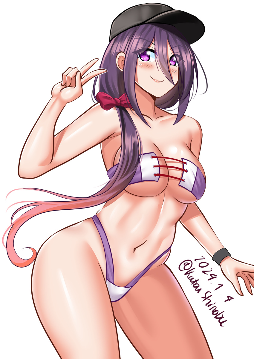 1girl absurdres ariake_(kancolle) baseball_cap bikini black_headwear black_wristband breasts dated gradient_hair hair_between_eyes hat highres kantai_collection katou_shinobu long_hair low_ponytail medium_breasts multicolored_hair official_alternate_costume one-hour_drawing_challenge orange_hair purple_bikini purple_hair simple_background solo standing swimsuit twitter_username v white_background