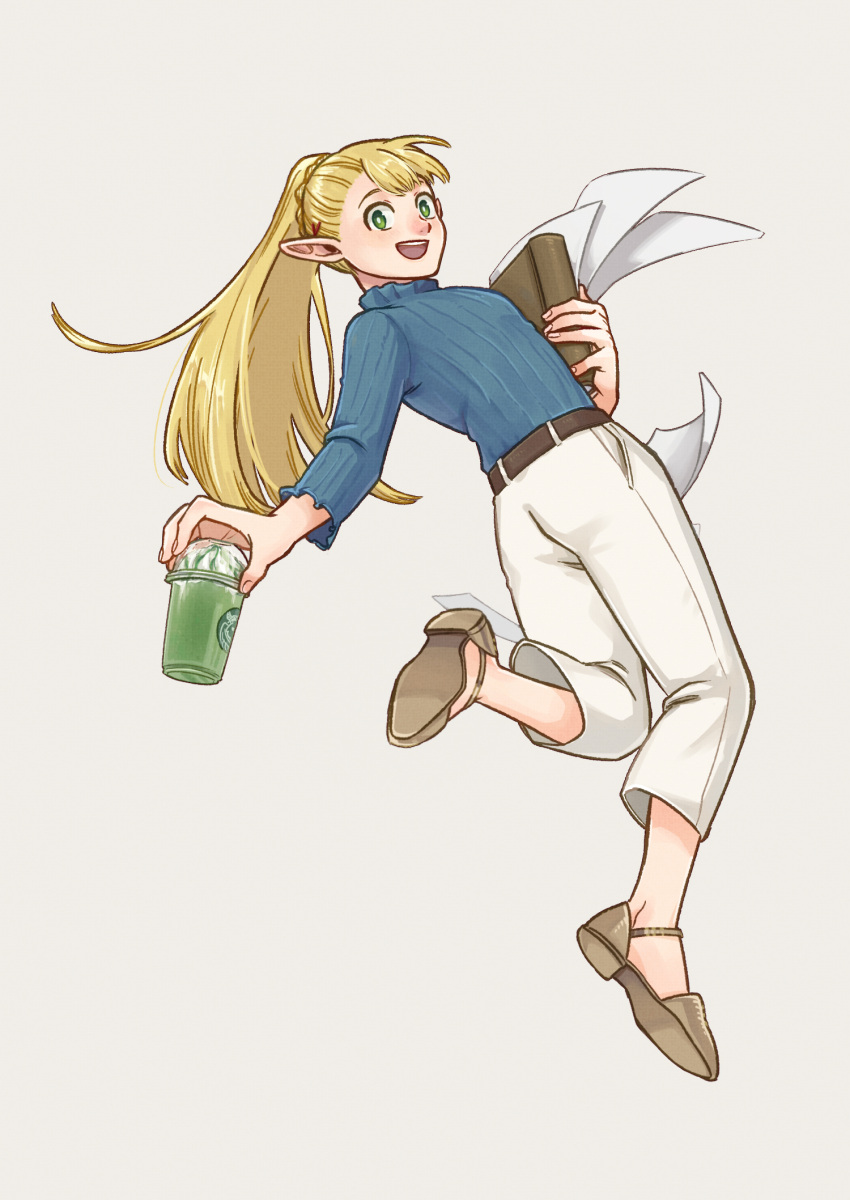 1girl :d blonde_hair blue_shirt book brown_footwear casual contemporary cream cup disposable_cup drink dungeon_meshi eahsu1994 elf floating_hair from_behind full_body green_eyes highres holding holding_book holding_cup jumping long_hair long_sleeves looking_at_viewer looking_back marcille_donato outstretched_arm pants paper pointy_ears ponytail sandals shirt shoe_soles simple_background smile solo white_pants