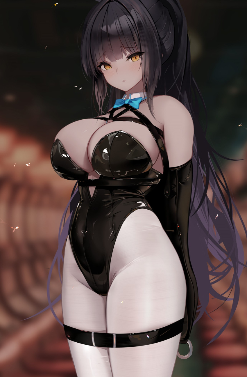 1girl animal_ears arms_behind_back awaji bare_shoulders bdsm black_hair black_leotard blue_archive breasts cleavage dark-skinned_female dark_skin detached_collar english_commentary fake_animal_ears highleg highleg_leotard highres karin_(blue_archive) large_breasts leotard long_hair looking_at_viewer monoglove pantyhose playboy_bunny rabbit_ears restrained shibari solo thigh_strap very_long_hair white_pantyhose yellow_eyes