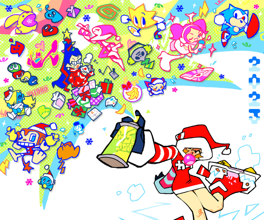 &gt;_&lt; 1other 2023 4boys 4girls amigo arms_behind_head banana bayonetta bayonetta_(series) bell black_gloves blonde_hair blue_eyes blue_skin boots bubble_blowing candy candy_cane carbuncle_(puyopuyo) cd chao_(sonic) character_request check_character check_copyright chewing_gum christmas chu_chu_rocket chubei closed_eyes colored_skin company_connection copyright_name copyright_request crossover cup dreamcast_controller dress earrings elbow_gloves food fruit game_console gift glasses gloves gum_(jsr) hair_ornament hair_over_one_eye hair_ribbon handbell hat headset heart highres holding holding_bell holding_candy holding_candy_cane holding_cup holding_food house_of_the_dead itsmung jester_cap jet_set_radio jewelry kapu_kapu knee_boots long_sleeves loving_deads:_the_house_of_the_dead_ex monkey morolian multiple_boys multiple_girls nights_(character) nights_into_dreams one_eye_closed orange_hair pink_hair puyopuyo red_dress red_footwear red_lips red_nose red_ribbon ribbon ristar ristar_the_shooting_star roller_skates samba_de_amigo santa_hat sega sega_dreamcast skates sketchynomicon skirt smile snowflakes sonic_(series) sonic_the_hedgehog sonic_the_hedgehog_(classic) space_channel_5 spiral spray_can star_(symbol) star_hair_ornament striped_sleeves sweater turtleneck turtleneck_sweater twintails ulala white_footwear white_gloves white_skirt zobiko zombie