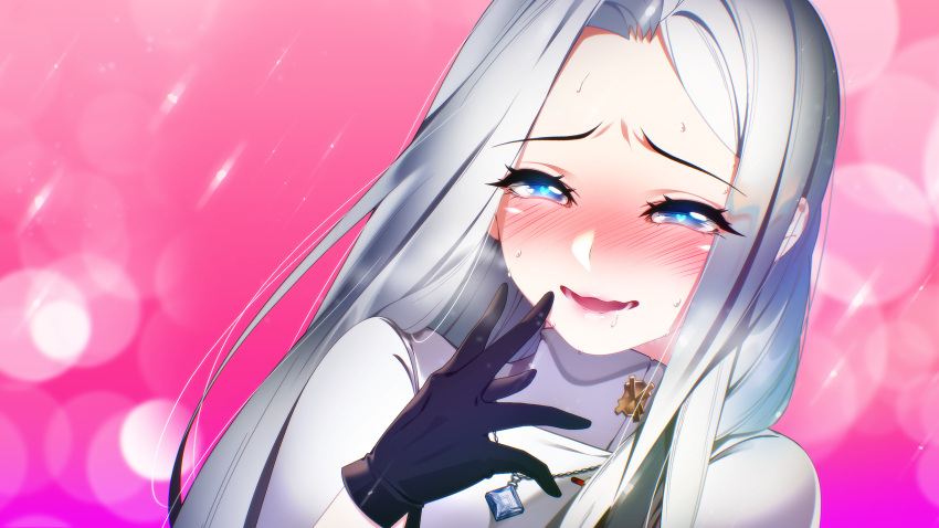 1girl black_gloves blue_eyes blush close-up eyes_visible_through_hair game_cg gloves hair_over_shoulder half-closed_eyes hand_on_own_face heart heart-shaped_pupils highres jewelry light_particles long_hair lovestruck military_uniform miracle_snack_shop necklace non-web_source nose_blush official_art open_mouth parted_bangs philia_salis pink_background raised_eyebrows solo sweat sweatdrop symbol-shaped_pupils talesshop turtleneck ukero uniform white_hair