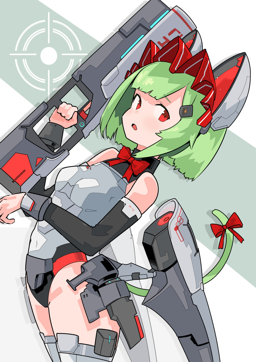 1girl absurdres animal_ears armored_legwear artery_gear artery_gear:_fusion bare_shoulders bodysuit breasts cat_ears cat_tail detached_sleeves green_hair green_tail grey_bodysuit gun highres holding holding_gun holding_weapon maid_headdress mechanical_ears medium_hair meko_(artery_gear) neck_ribbon red_eyes red_headwear red_ribbon ribbon rigging sidelocks skin_tight small_breasts solo tail tail_ornament tail_ribbon watasi_ch3 weapon