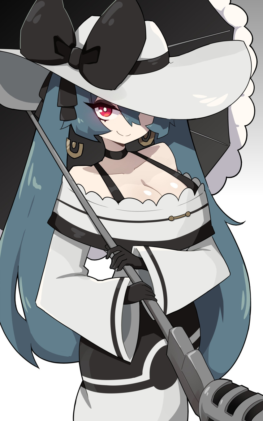 1girl absurdres black_bow black_collar black_eyeshadow black_gloves black_umbrella blue_hair bow breasts bright_pupils cleavage collar daigada dark_blue_hair dark_miku_(project_voltage) dress earrings eyeshadow gloves hat hat_bow hat_over_one_eye hatsune_miku highres holding holding_umbrella jewelry large_breasts looking_at_viewer makeup microphone off-shoulder_dress off_shoulder pokemon project_voltage red_eyes simple_background smile solo twintails umbrella vocaloid white_background white_dress white_headwear white_pupils wide_sleeves