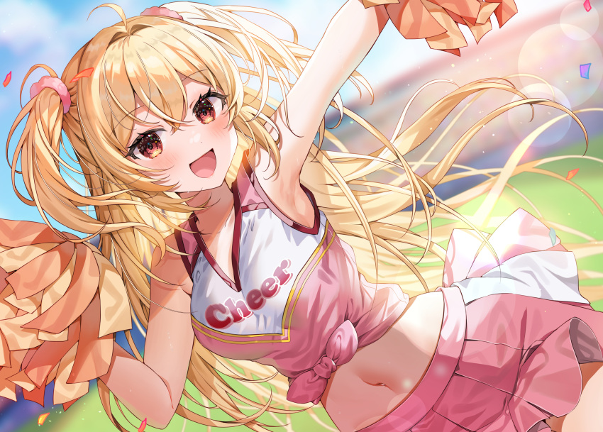 1girl :d absurdres ahoge blonde_hair blurry blurry_background blush cheerleader commission confetti crop_top dated_commentary day highres holding holding_pom_poms lens_flare long_hair navel open_mouth orange_eyes original outdoors pink_shirt pink_skirt pleated_skirt pom_pom_(cheerleading) pom_pom_(clothes) shirt skeb_commission skirt sky smile solo stadium two_side_up very_long_hair yam_(yamap_mako)
