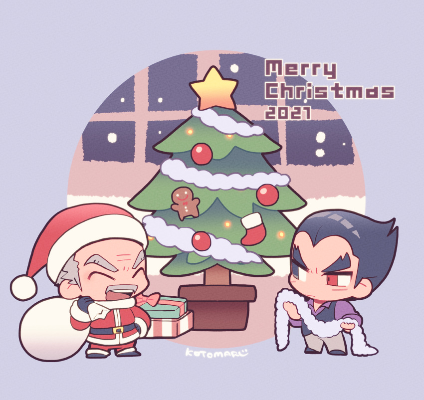 2021 2boys black_eyes black_hair chibi christmas christmas_ornaments christmas_tree closed_eyes facial_hair garland_(decoration) gift grey_facial_hair grey_hair grey_pants hat highres kotorai male_focus merry_christmas mishima_heihachi mishima_kazuya multiple_boys mustache open_mouth pants purple_shirt red_eyes red_headwear sack santa_costume santa_hat scar scar_on_cheek scar_on_face shirt short_hair signature tekken thick_eyebrows v-shaped_eyebrows window