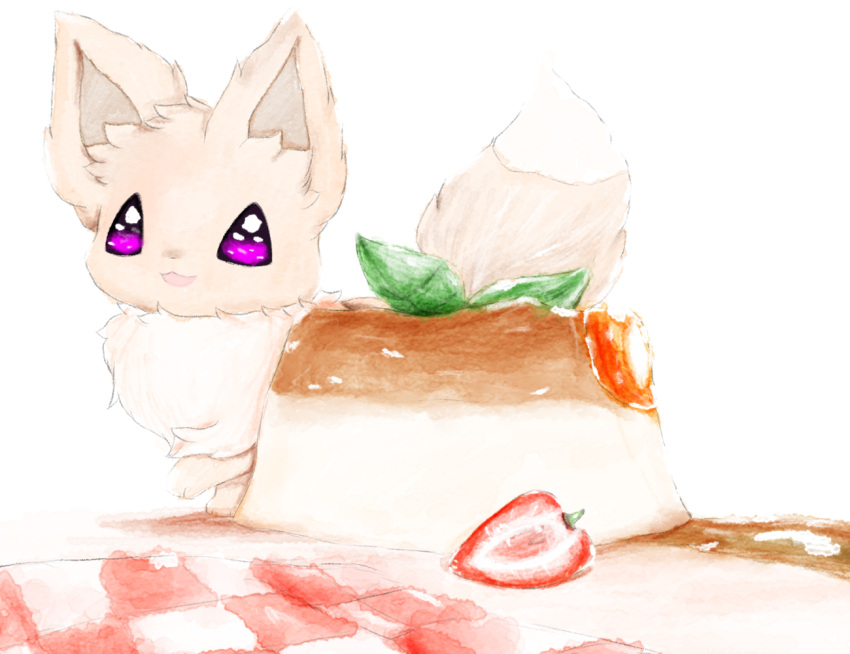 ambiguous_gender berry brown_body cake dessert eevee eeveelution feral flan fluffy food fruit fur mammal mane neck_tuft nintendo open_mouth pink_eyes pink_sclera plant pok&eacute;mon pok&eacute;mon_(species) shiny_pok&eacute;mon simple_background smile snoiifoxxo solo strawberry tuft video_games white_background