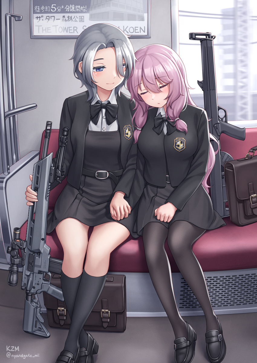 1girl 2girls artist_name bag battle_rifle black_bow black_bowtie black_jacket black_skirt blue_eyes borrowed_character bow bowtie grey_hair gun highres holding_hands jacket kzm_(sub-moa_works) looking_at_another multiple_girls original pink_hair rifle school_bag school_uniform shirt skirt sleeping sleeping_on_person solo train_interior weapon weapon_request white_shirt