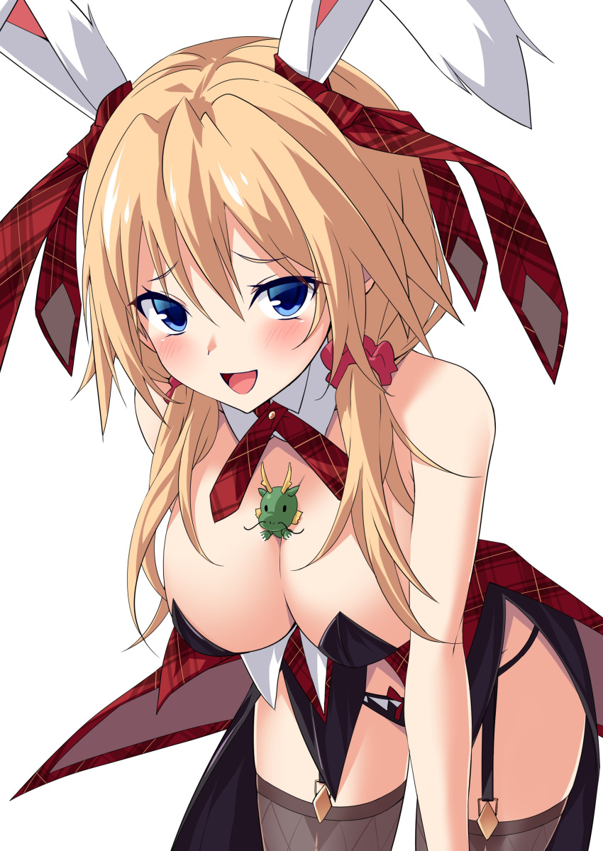 1girl :d absurdres animal_between_breasts animal_ears black_leotard black_panties blonde_hair blue_eyes blush breasts brown_thighhighs chinese_zodiac cleavage commentary convenient_arm cowboy_shot detached_collar dragon hair_between_eyes hair_ornament hair_ribbon hair_scrunchie hanging_breasts hapymaher highres large_breasts leaning_forward leotard long_hair looking_at_viewer low_twintails naughty_face neck_ribbon nontraditional_playboy_bunny open_mouth panties pink_scrunchie plaid plaid_ribbon rabbit_ears rabbit_girl red_ribbon ribbon scrunchie seductive_smile simple_background smile solo standing strapless strapless_leotard thighhighs thighs twintails ugume underwear upturned_eyes white_background yayoi_b_lutwidge year_of_the_dragon