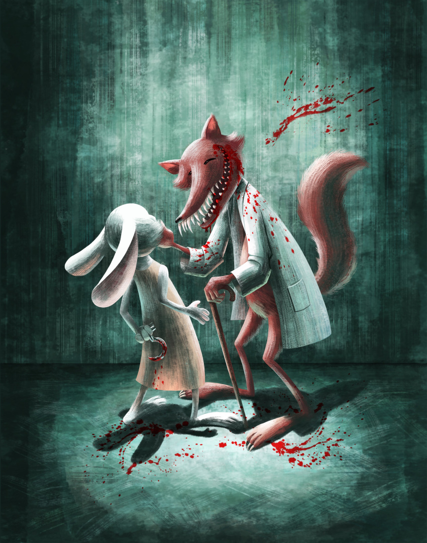 2020 absurd_res ambiguous_gender anthro barefoot blood blood_on_clothing blood_on_face blood_on_wall bodily_fluids cane canid canine clothing coat digital_media_(artwork) digital_painting_(artwork) duo eye_contact eyes_closed featureless_crotch feet female_(lore) fox fur gown hare hi_res holding_cane holding_object holding_object_behind_back hook lab_coat lab_coat_only lagomorph leporid looking_at_another male_(lore) mammal orange_body orange_fur painting_(artwork) rebecca2525 red_(rq) ruby_(rq) ruby_quest sharp_teeth smile teeth topwear touching_face traditional_media_(artwork) translucent translucent_clothing white_body white_fur