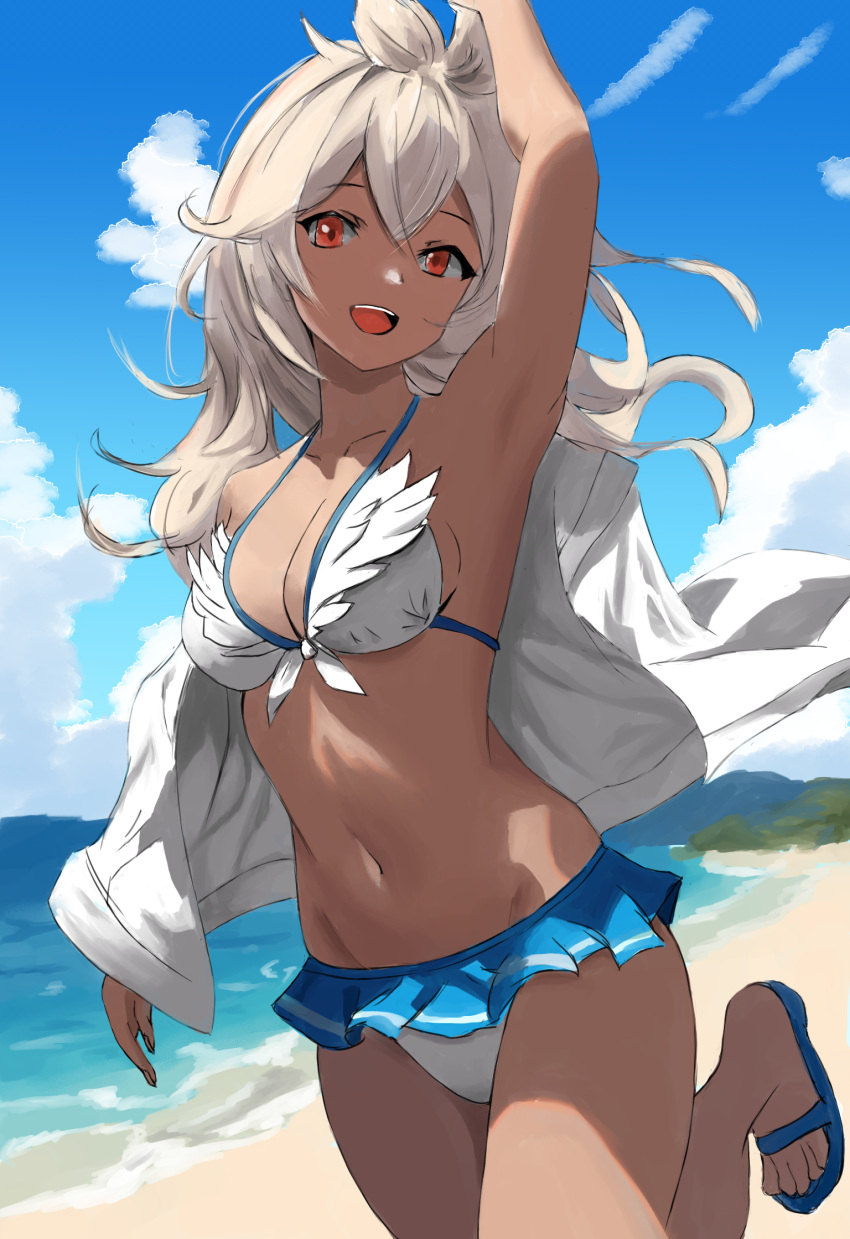 1girl arm_up armpits beach bikini breasts cleavage cloud dark-skinned_female dark_skin front-tie_bikini_top front-tie_top granblue_fantasy highres hyakka_(momokashinryu14) medium_breasts ocean official_alternate_costume open_mouth sky solo swimsuit teeth upper_teeth_only white_bikini white_hair zooey_(granblue_fantasy) zooey_(summer)_(granblue_fantasy)