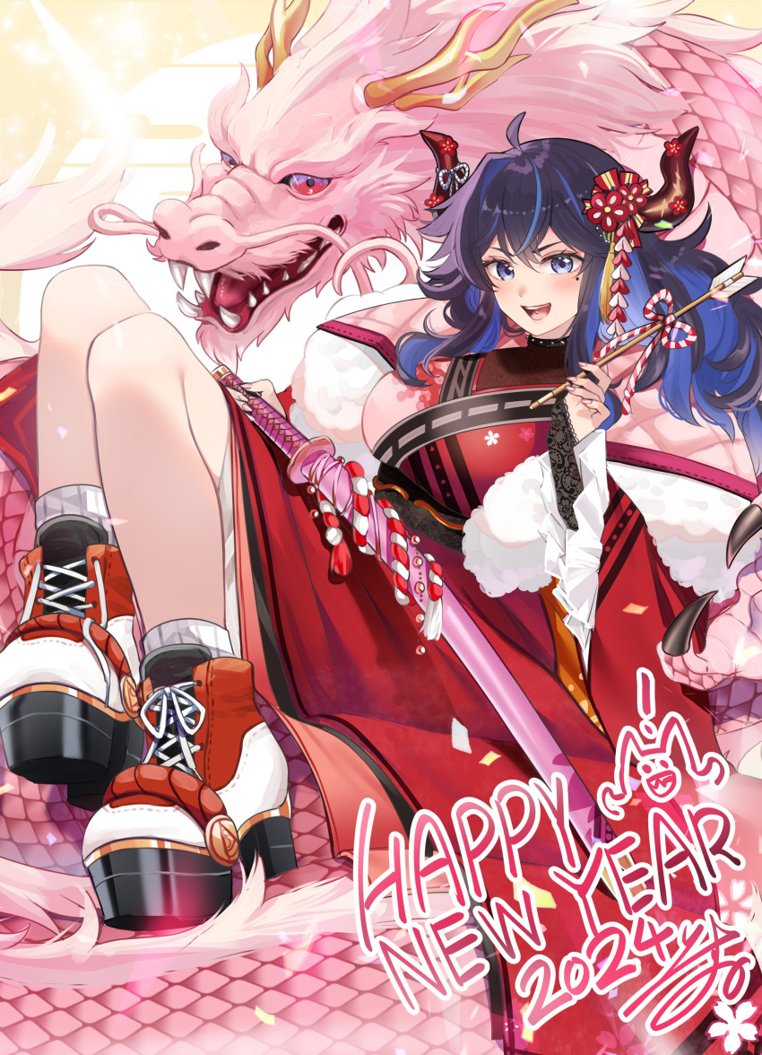 1girl 2024 absurdres ahoge black_choker blue_eyes blue_hair blush choker colored_inner_hair dragon dragon_horns fur-trimmed_kimono fur_trim happy_new_year highres horns isuka japanese_clothes kimono kson long_hair looking_at_viewer mole mole_under_eye multicolored_hair open_mouth piercing purple_hair red_kimono shoes smile streaked_hair tongue_piercing virtual_youtuber vshojo white_footwear