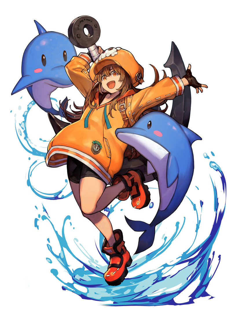 1girl absurdres anchor bike_shorts cabbie_hat dolphin fingerless_gloves gloves guilty_gear guilty_gear_strive hat hat_ornament highres holding holding_anchor hood hoodie hungry_clicker jacket may_(guilty_gear) orange_footwear orange_headwear orange_hoodie orange_jacket orange_shirt shirt simple_background skull_and_crossbones skull_hat_ornament solo white_background