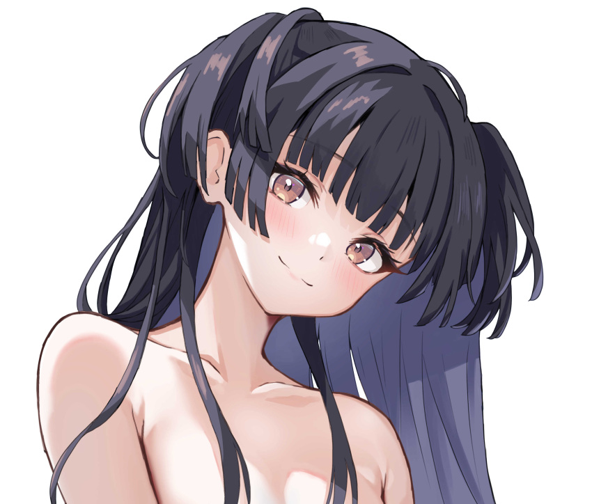1girl absurdres black_hair blush collarbone completely_nude head_tilt highres idolmaster idolmaster_shiny_colors looking_at_viewer mayuzumi_fuyuko nude oniku_(o29sukizero) out-of-frame_censoring simple_background smile solo upper_body white_background