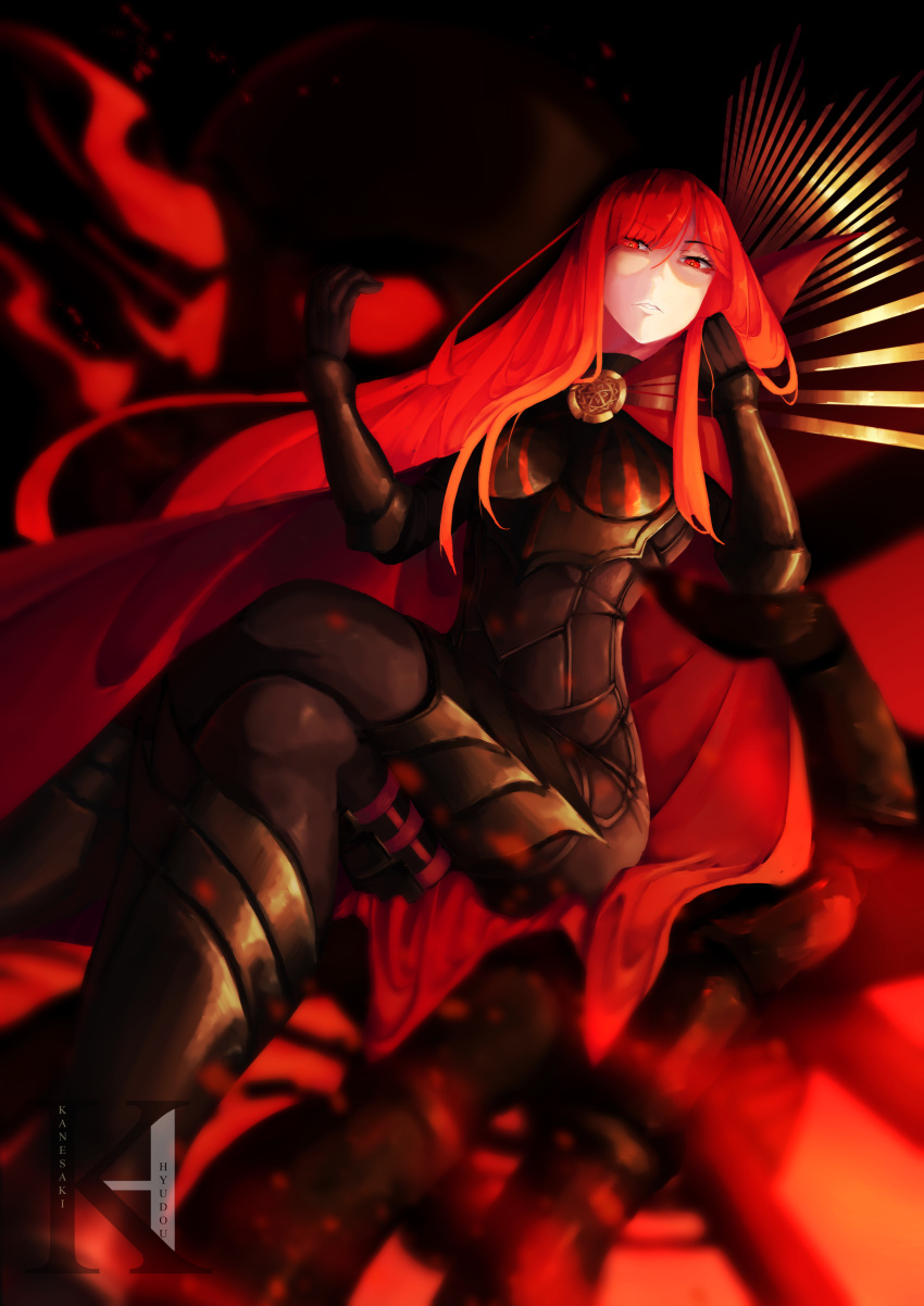 1girl absurdres black_background black_bodysuit bodysuit cape chain collared_cape family_crest fate/grand_order fate_(series) hair_over_one_eye highres kanesaki medallion oda_nobunaga_(fate) oda_nobunaga_(maou_avenger)_(fate) oda_uri popped_collar red_cape red_eyes red_hair solo tight_top