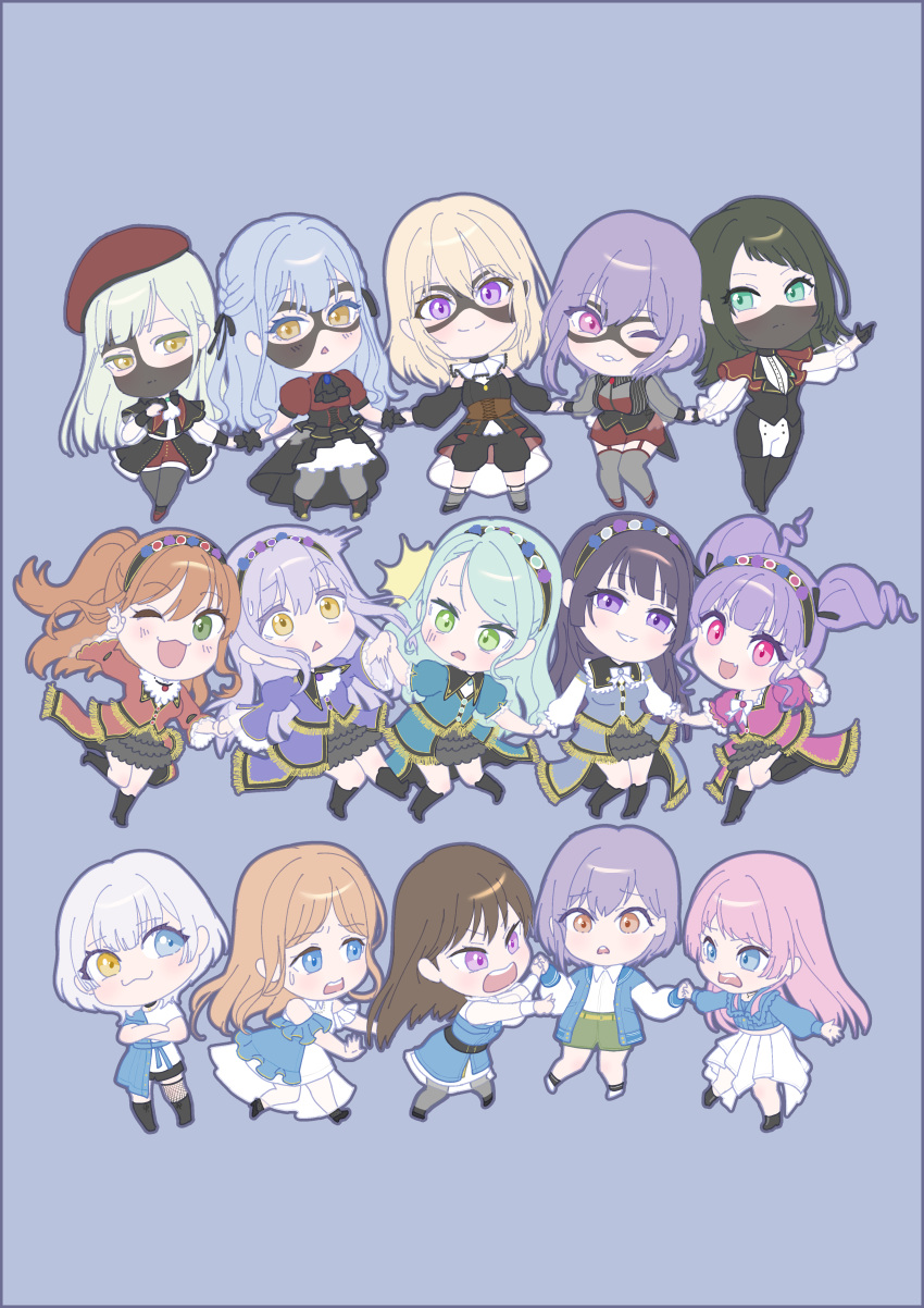 6+girls absurdres aqua_hair ave_mujica_(bang_dream!) bang_dream! bang_dream!_it's_mygo!!!!! black_flower black_hair black_rose blonde_hair blue_eyes blue_hair brown_hair chibi chihaya_anon flower grey_hair hair_ornament hair_ribbon heterochromia highres hikawa_sayo imai_lisa kaname_raana long_hair long_sleeves looking_at_viewer minato_yukina misumi_uika multiple_girls mygo!!!!!_(bang_dream!) nagasaki_soyo open_mouth pink_hair purple_eyes purple_flower purple_hair purple_rose ribbon rose roselia_(bang_dream!) shiina_taki shirokane_rinko shirt short_hair skirt smile takamatsu_tomori togawa_sakiko udagawa_ako wakaba_mutsumi white_hair yahata_umiri yellow_eyes yue_mao_(yukinihime) yuutenji_nyamu