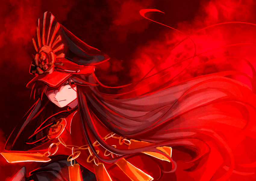 1girl absurdres boureisakura cape chain expressionless family_crest fate/grand_order fate_(series) hat highres looking_back looking_to_the_side medallion military_hat oda_nobunaga_(fate) oda_uri peaked_cap red_cape red_eyes red_theme solo upper_body