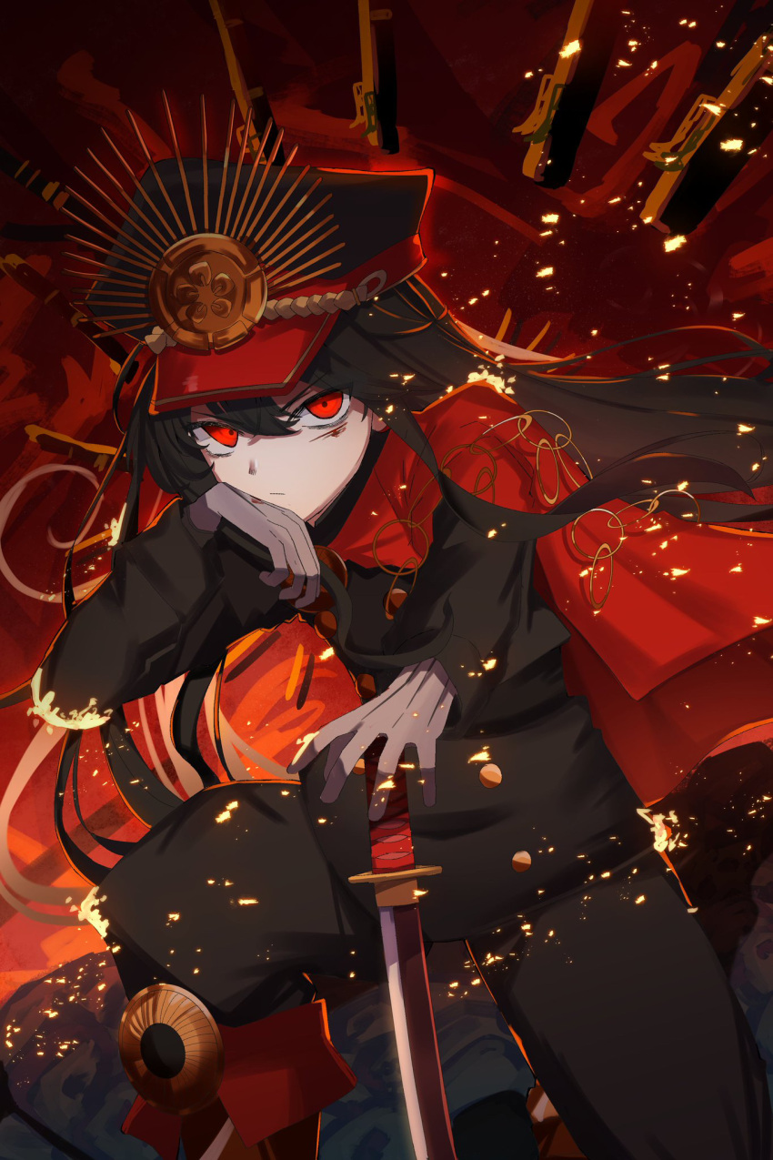 1girl black_hair cape cowboy_shot expressionless family_crest fate/grand_order fate_(series) hand_on_own_cheek hand_on_own_face hat highres holding holding_sword holding_weapon looking_at_viewer military_hat musi_2nd oda_nobunaga_(fate) oda_uri peaked_cap planted planted_sword red_background red_cape red_eyes solo sword weapon