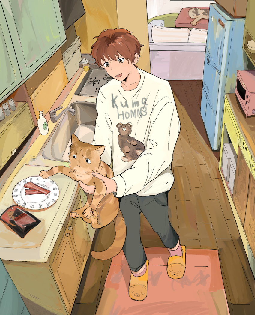 1boy animal brown_hair cat commentary cupboard english_commentary full_body ga_soka highres holding holding_animal holding_cat indoors kitchen long_sleeves male_focus mixed-language_commentary orange_cat original pillow refrigerator short_hair solo standing