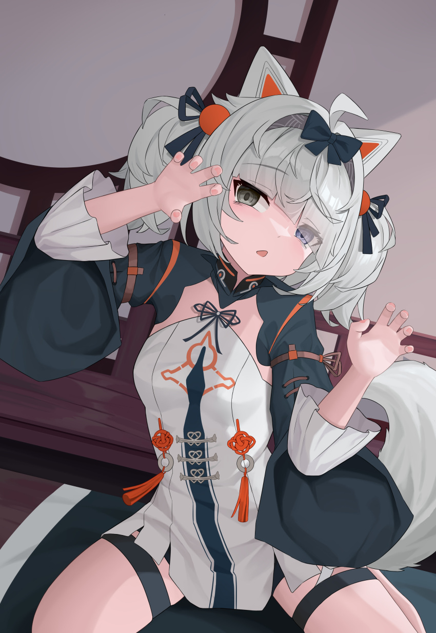 1girl absurdres animal_ears black_bow black_sleeves blue_eyes bow chinese_clothes dress grey_dress grey_eyes grey_hair hair_intakes hair_ornament hair_over_eyes hairband heterochromia highres long_sleeves mechanical_ears ningmengege no.21:_feral_scent_(punishing:_gray_raven) no.21_(punishing:_gray_raven) official_alternate_costume official_alternate_hair_length official_alternate_hairstyle orange_pom_poms paw_pose pom_pom_(clothes) pom_pom_hair_ornament punishing:_gray_raven sidelocks solo tail teeth wolf_ears wolf_tail