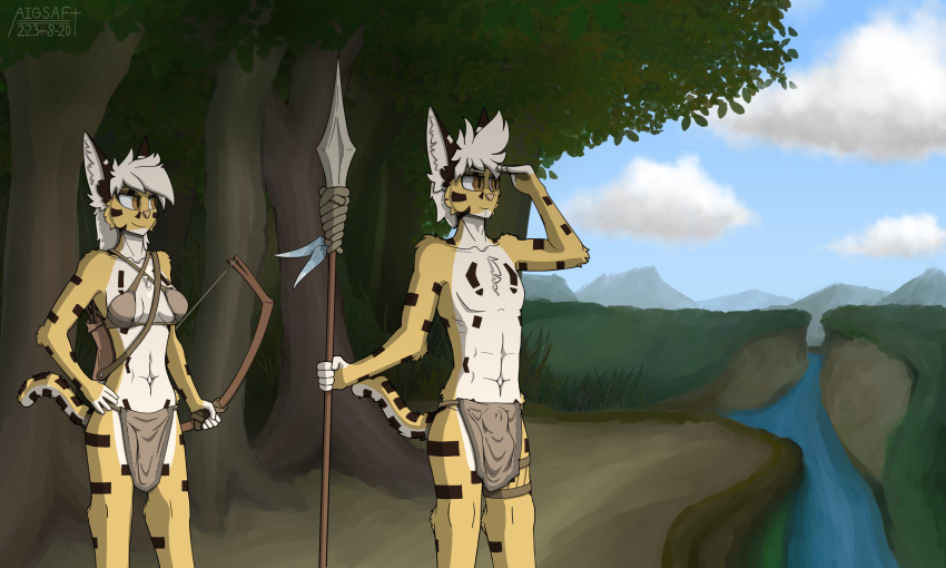 2023 5:3 abs aigsaft anthro arrows biped black_ears black_markings bow_(weapon) bra brown_eyes bulge cel_shading chest_tuft clothing cloud duo feathers felid feline female fur grass hair hi_res holding_object holding_weapon leaf leopardus looking_at_another looking_forward male mammal markings medium_hair melee_weapon mountain mountain_range multicolored_body navel ocelot painted_background plant polearm quiver_(arrows) ranged_weapon river rope sarah_(aigsaft) saul_(aigsaft) shaded shading_eyes sibling_(lore) signature simple_shading smile spear tail tree tribal tuft twins_(lore) two_tone_body two_tone_tail underwear weapon white_body white_fur white_hair white_markings white_tail yellow_body yellow_fur yellow_tail