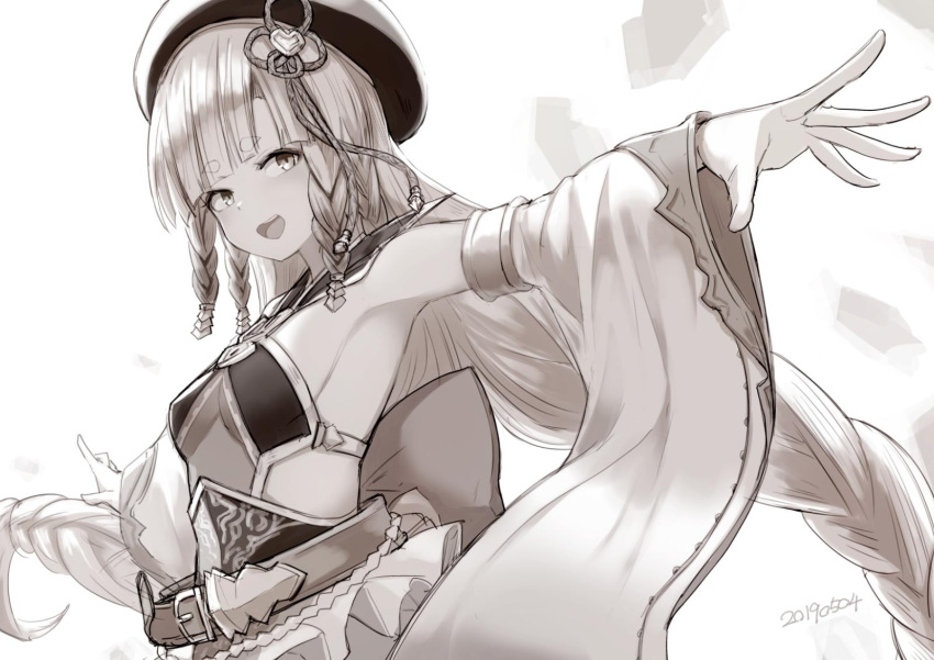 1girl armlet backless_dress backless_outfit bare_shoulders belt beret blunt_bangs blush braid breasts detached_sleeves dress erune eyeliner granblue_fantasy greyscale hat highres long_hair looking_at_viewer makeup monochrome nosuku open_mouth outstretched_arm pholia short_eyebrows side_braids skirt small_breasts smile solo very_long_hair wide_sleeves