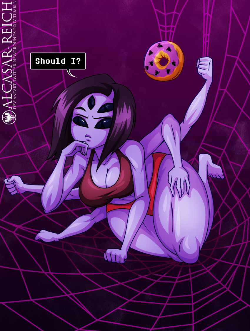 2020 5_eyes 5_fingers 5_toes 6_arms absurd_res alcasar-reich anthro arachnid arthropod breasts cleavage clothed clothing dessert doughnut english_text feet female fingers food hair hi_res looking_at_viewer muffet multi_arm multi_eye multi_limb non-mammal_breasts panties purple_body purple_hair purple_skin short_hair signature solo spider spider_web text thick_thighs toes topwear undertale underwear video_games wide_hips