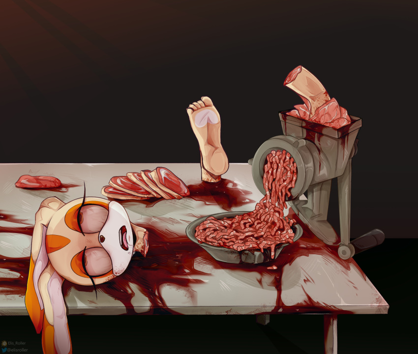 anthro blood bodily_fluids cooking_with_furs cream_the_rabbit death elis_roller female food furniture gore hi_res kitchen_utensils lagomorph leporid mammal meat meat_grinder mincemeat rabbit sega solo sonic_the_hedgehog_(series) table tools